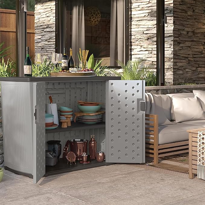 Suncast Outdoor Storage Shed for Patio and Garden, Backyard Oasis, 130 Gallon, Dove Gray