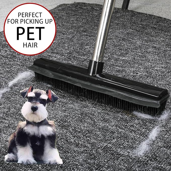 Rubber Broom and Dustpan Set,Pet Hair Removal Rubber Broom with Squeegee and Stainless Steel Dust Pan,Carpet Rake Push Broom and Dustpan for Fluff Hardwood Floor Tile (Black)