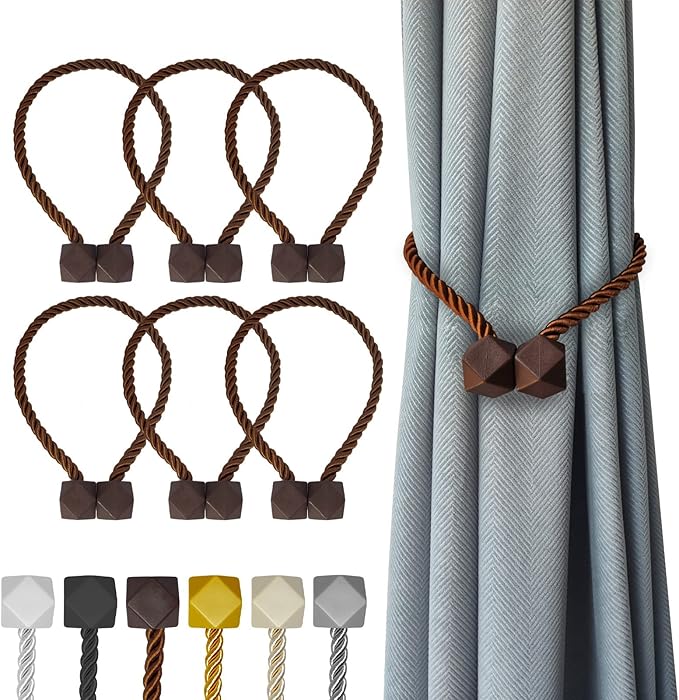 Hion Magnetic Curtain Tiebacks Dark Brown 6 Pack, Curtain Tiebacks Buckles Holdbacks Holders Hooks Clip for Home Bedroom Office Decorative Thick or Thin Curtain