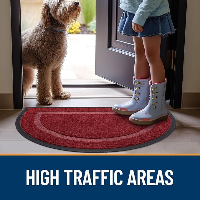 OLANLY Half Circle Door Mat Indoor Outdoor Entrance Welcome, Waterproof All-Season, All-Weather Doormat, Sturdy Natural Rubber, Low Profile, Easy Clean Patio Porch Entryway Mat, 47x32, Wine Red