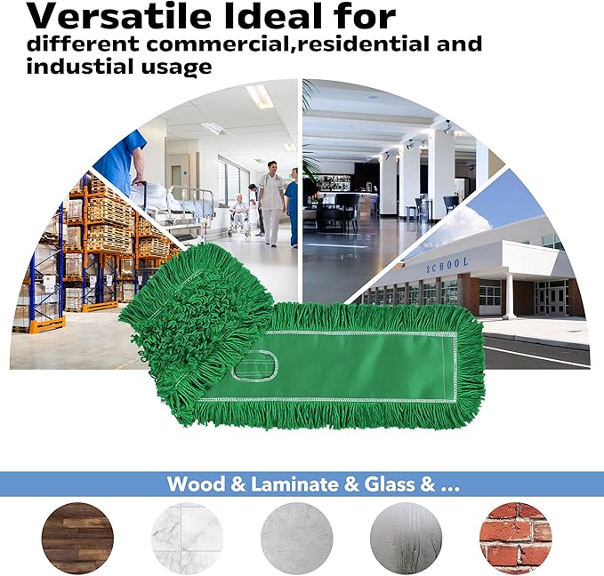 Matthew Cleaning 36'' Industrial Strength Cotton Dust Mop Refill Washable Replacement Heads for Residential & Commercial Use Fit Standard Dust Mop Frames, Hardwood, Concrete Floors Green 6 Pack