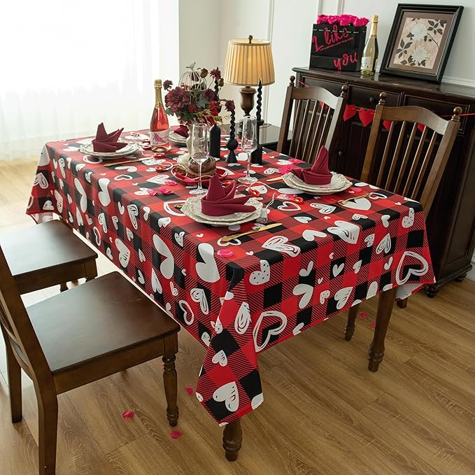 Valentine's Day Tablecloth Fabric - Oblong 58x120 Water Resistant Love Themed Plaid Table Cloth for Indoor/Outdoor Use - Love Heart Romantic Gifts Perfect for Birthday, Picnics, Parties