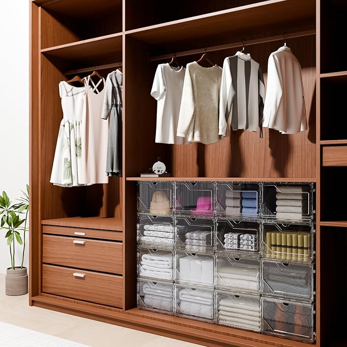 6 Pack Upgraded XX-Large Storage Organizer with Magnetic Door, New structure is more stable, Thicken & Sturdy Clear Stackable Interconnectable Shoe Box for Entryway, Closet, Under Bed