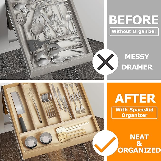 WelFurGeer Solid Birch Wood Silverware Drawer Organizer, Wooden Cutlery Drawer Organizer, Utensil Tray for Kitchen Drawers, Kitchen Utensil Organizer for Silverware, Flatware, Spoons, Forks, Knives