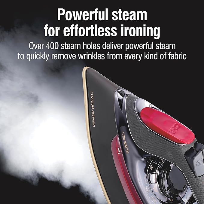 CHI Steam Iron for Clothes with 8’ Retractable Cord, 1700 Watts, 3-Way Auto Shutoff, 400+ Holes, Professional Grade, Temperature Control Dial, Titanium Infused Ceramic Soleplate, Black/Chrome (13109)