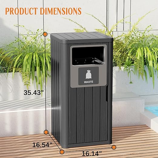 Outdoor Single Barrel Trash Can,Waterproof Resin Garbage Can with Garbage Labels,Durable Waste Bin for Porch, Backyard,Kitchen,for 30 to 39 Gallon Trash Bags