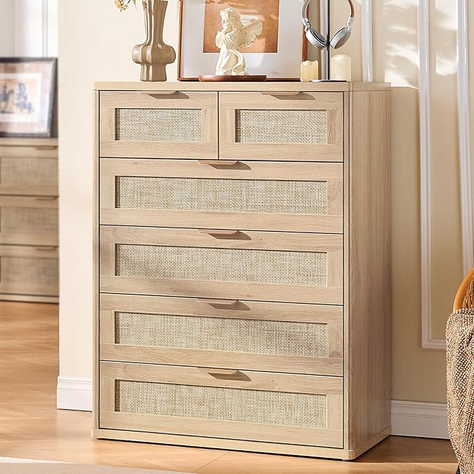 LEYAOYAO Rattan Dresser for Bedroom, 42" Tall Chest of Drawers, Modern 6 Drawers Boho Dressers with Storage, Light Oak Dresser Wooden Closet Organizer for Living Room, Hallway, Natural Wood