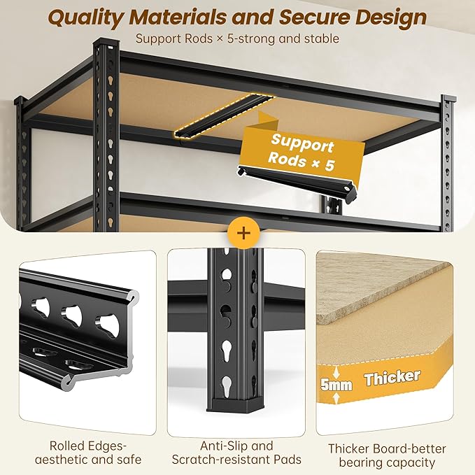 5-Tier Storage Shelves, 1980LBS Adjustable Pantry Shelves, Metal Shelving Unit for Kitchen, Pantry, Closet, Laundry, Garage, 72.06" H x 35.55" W x 15.76" D
