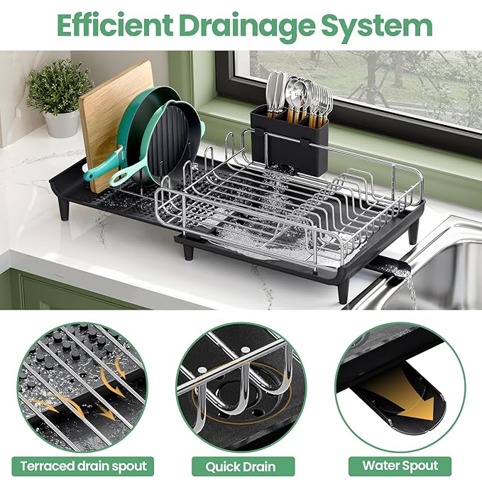 Expandable Dish Drying Rack, Foldable Dish Rack for Kitchen Counter, Stainless Steel Collapsible Dish Drainer Racks with Cutlery Holder, Black
