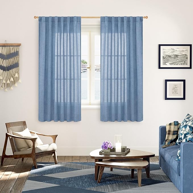 YoungsTex Denim Blue Linen Curtains 63 Inch Length for Bedroom - Light Filtering Semi Sheer Drapes with Back Tab Rod Pocket for Short Window Living Room Office Kitchen, 52 x 63 Inch, 2 Panels