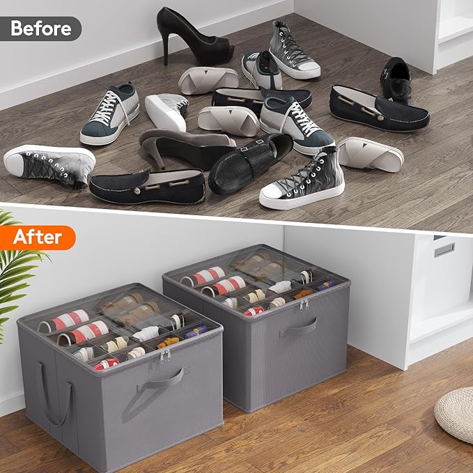 Lifewit Shoe Storage Organizer for Closet Fits 12-16 Pairs, Fabric Large Shoe Box Storage Containers with Clear Cover, Foldable Bins Fit for Boots Heels Sneakers 17"(L) x 17"(W) x 12.5"(H) 1 Pack Gray