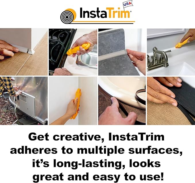 InstaTrim The Original Flexible Trim - 10ft Black 1/2" Wide Caulk Tape - Adhesive Trim with Many Uses Including Caulking for Bathtubs, Sinks, Counters, Tile, Floors - Made in USA