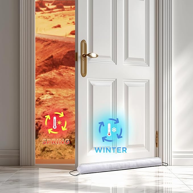Sunolga 38" Door Draft Stopper Blocks Hot and Cold Air with Removable Washable Cover for Gaps Up to 3", All-Season Seal for Noise, Door Sweep for Bottom of Door and Window, Home Essentials, White