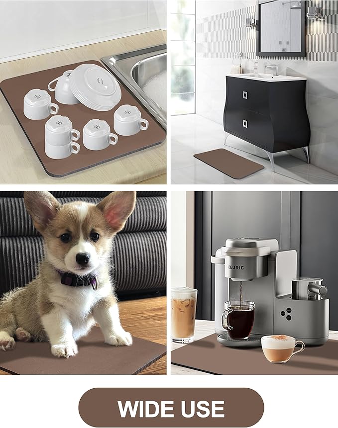 Dish Drying Mat for Kitchen Counter, 16"x24" Dish Drying Pad with Non-slip Rubber Backed, Hide Stain Anti Absorbent for Kitchen Counter, Drying Mat for Coffee Machine Dish Rack (Brown)