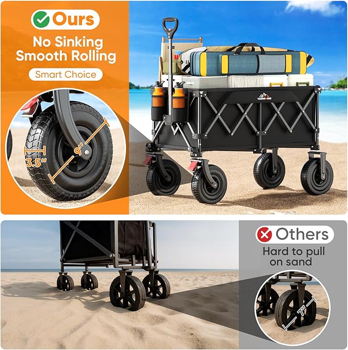 Beach Wagon with 9x3 Big Rubber Wheels for Sand, 350lbs Heavy Duty 200L Collapsible Utility Wagon, Easy Transport & Storage, Ideal for Sport, Camping, All-Terrain Outdoor Activities, Black