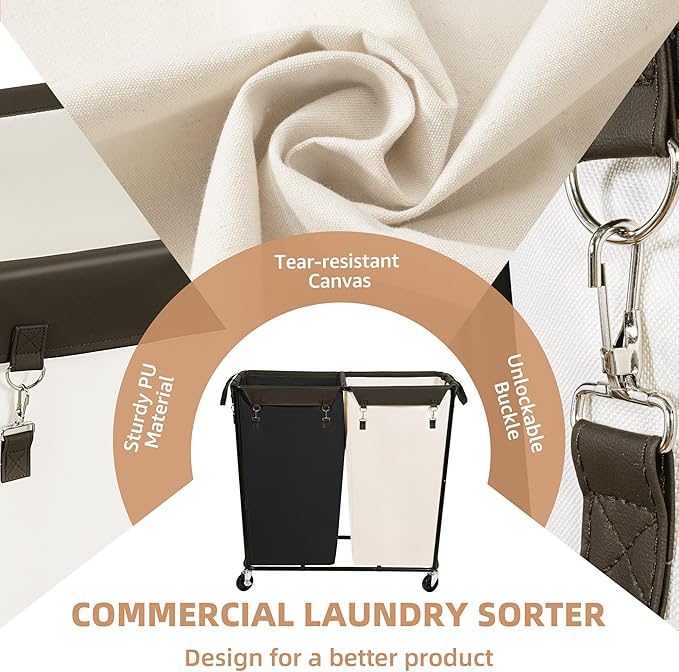 STORAGE MANIAC Commercial Laundry Hamper with Heavy Duty Steel Frame, 74 Gal. Industrial Laundry Basket Cart with Wheels for Hotel, Home, Laundry Room, Big Large Clothes Sorter, 2 Section Beige/Black