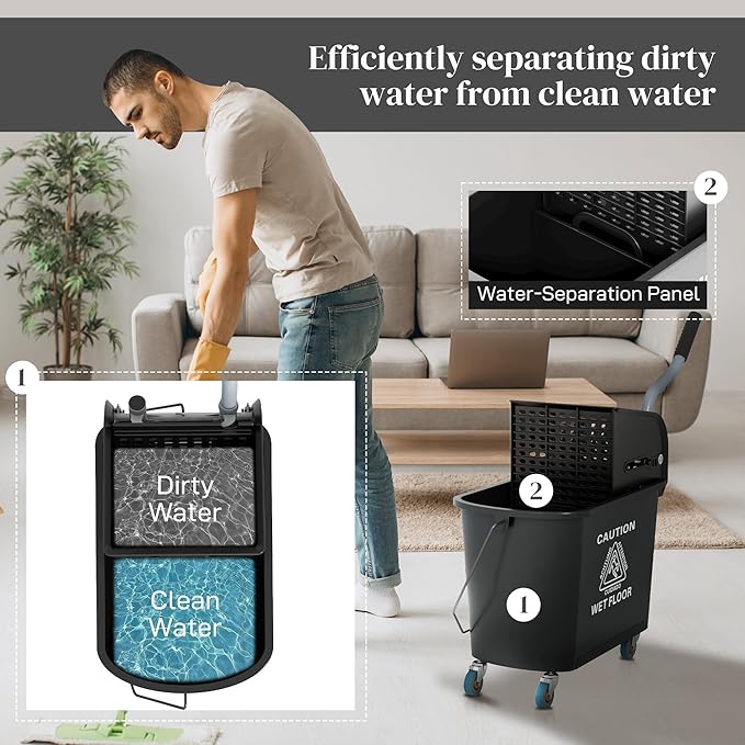 HOMCOM Compact Mop Bucket with Wringer on Wheels for Floor Cleaning, 21 Quart, Separate Dirty and Clean Water, for Home, Apartment, Black