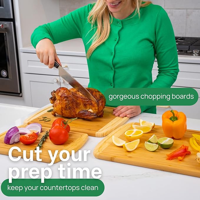 Extra Large Bamboo Cutting Board Set – Wood Cutting Boards for Kitchen, Non Toxic Cutting Board Set for Chopping, Slicing, Carving, Charcuterie – Ideal for Home Cooks, Entertaining, Family Meals