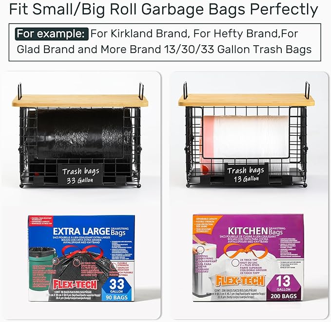 Upgrade Larger, Fit 13/30/33+ Gallon Trashbag Perfectly - 1 SET Stackable Trash Bag Holder with Tags & Bamboo Top, Garbage Bag Dispenser Stand, Kitchen Pantry Under Sink Laundry Room Organizer Basket