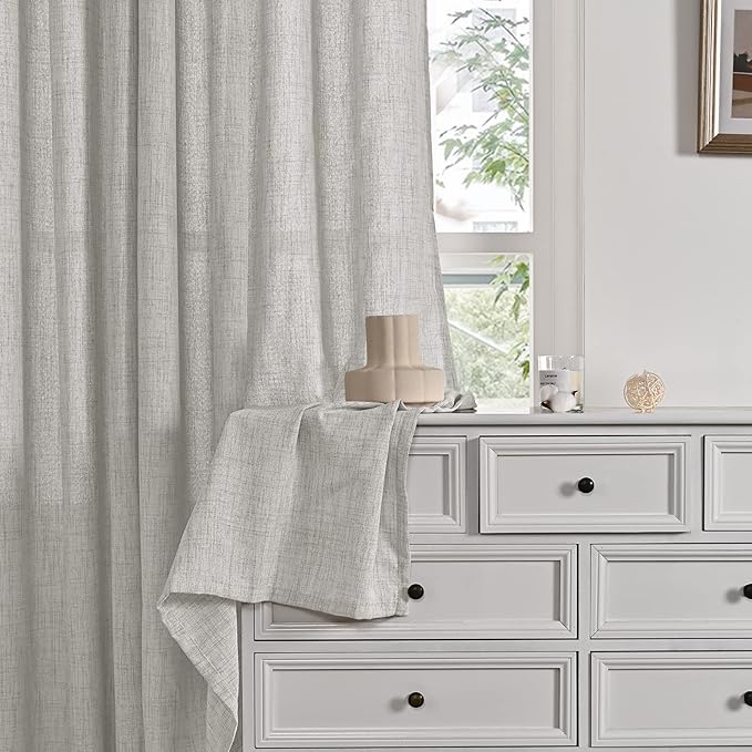 YoungsTex Light Grey Linen Curtains 63 Inches Length 2 Panels for Living Room - Textured Semi Sheer Drapes with Rod Pocket Back Tab Light Filtering for Bathroom Bedroom, 52 X 63 Inch