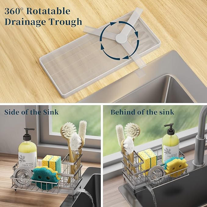 Consuemst Sponge Holder for Kitchen Sink - Auto Draining Sink Caddy Organizer with Detachable Rack, High Brush Holder, Kitchen Countertop Storage Accessories, Silver