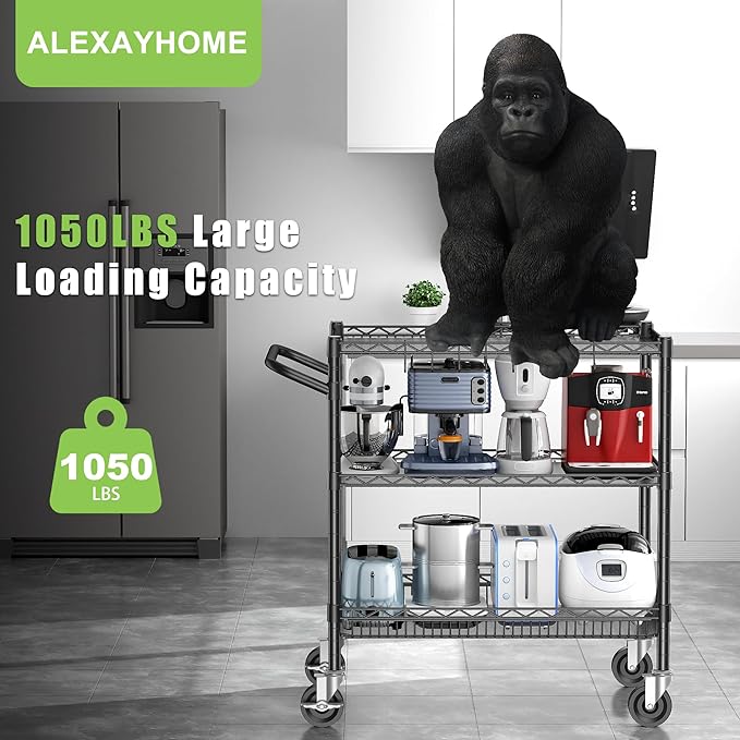 3 Tier Metal Cart with Wheels, Heavy Duty Utility Rolling Cart 1050lbs, Commercial Grade Kitchen Trolley with Handle Bar&Shelf Liner, Mobile Steel Wire Trolley for Warehouse Garage Kitchen
