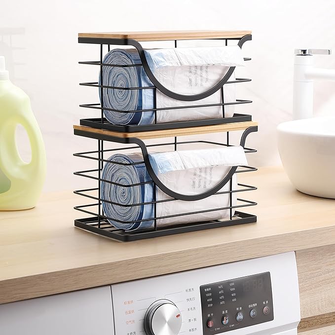 Extra Large Trash Bag Holder Under Sink 2 Pack Stackable Kitchen Storage with Bamboo Lid, Garbage Bag Dispenser Roll Holder, Pantry Organizers Wall Mounted Laundry Room Organization Storage