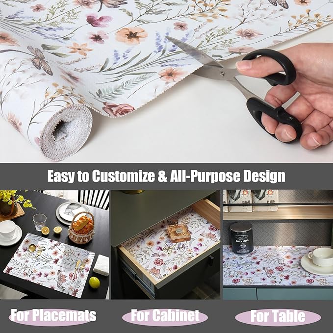 Floral Shelf and Drawer Liner for Kitchen Cabinets,12IN x 20FT Non-Adhesive and Strong Non-Slip Cabinet Drawer Liners for Kitchen Shelf, Waterproof Cupboard Liners,Easy to Clean