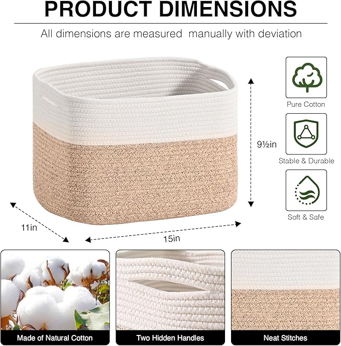 Woven Cotton Rope Storage Basket for Organizing, Cute Decorative Baskets for Gifts Empty, Organizer Bins for Dog Toy, Baby Laundry, 15“×11”×9.5“, Off White & Brown