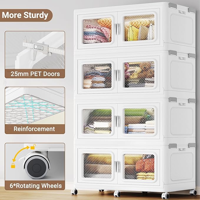 BROVIEW 880 Qt Stackable Storage Bin with Lids, 220Gal Extra Large Collapsible Storage Boxes, Folding Plastic Drawer, Heavy-Duty Store Cabinet, Closet Organizer for Home Kitchen, 4 Pack White