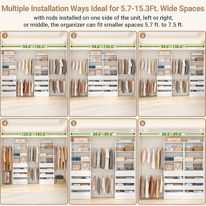 Aheaplus Closet System, 6-15Ft Closet Organizer with 8 Wooden Drawers, Wood Closet Organizer System with Tower, Walk-in Closet Organizer Wardrobe Clothes Rack with 4 Hanging Rods, Garment Rack, White