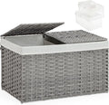 Storage Basket with Lid Rattan, Woven Storage Baskets with 2 Separate Lids, 17.2 Gallon (65 L), 22.2 x 13 x 13.8 Inches, Foldable, 2 Removable Liner Bags Handles for Bedroom, Laundry Room Gray