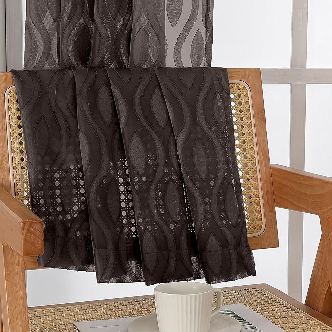 Aiyufeng Sheer Curtains 96 Inches Long for Bedroom and Living Room, 2 Panels, Farmhouse Wavy Line Light Filtering Clip Jacquard Solid, Rod Pocket, Brown, 40" W x 96" L