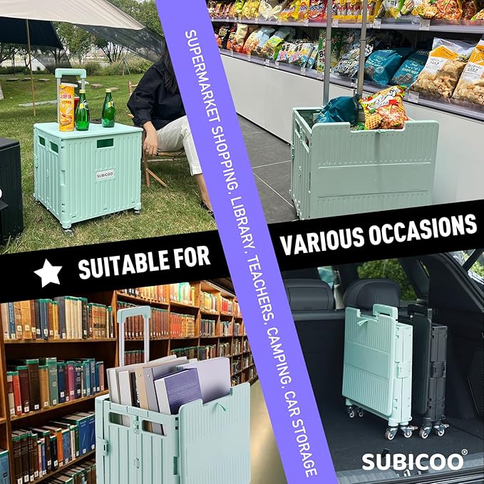 Folding Utility Cart Portable Rolling Crate Handcart Shopping Trolley Collapsible Tool Box, with Lid, on 4 Rotate Wheels, for Grocery, Shopping, Office, Camp, Teacher (Green)