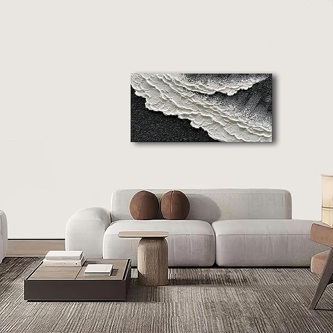 NANKAI 24x48 Inch Hand Painted 3D Ocean Wave Landscape Oil Painting Black and White Abstract Canvas Art Mural Family Wall Decoration art