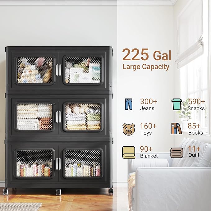 BROVIEW 900 Qt Stackable Storage Bin with Lid, 225Gal Extra Large Collapsible Storage Boxes, Folding Plastic Drawer, Heavy-Duty Store Cabinet, Closet Organizer for Home Kitchen, 3 Pack Black