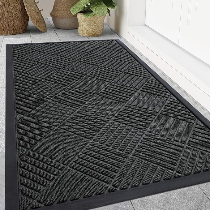 Smiry Front Door Mat Outside Entrance, Heavy Duty Outdoor Indoor Natural Rubber Doormat, Non Slip, Trap Dirt and Moisture, Easy Clean, Low Profile Patio Porch Entryway Mat, 59x35, Black