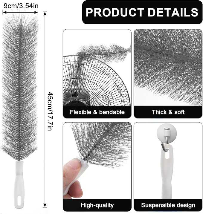 2 Pcs Fan Cleaner Brushes, Bendable Fan Cleaning Brush Cobweb Duster Set Microfiber Head Washable Brush for Ceiling Fan Air Vents Curtains Cars Box Fan(Grey)