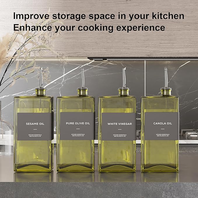 Olive Oil Dispenser for Kitchen, 16.9 oz/ 500 ml Olive Oil Dispenser Bottle, Glass Oil Bottles for Kitchen with 8 Stainless Steel Pourers, 40 Labels, 4 Pcs, Green