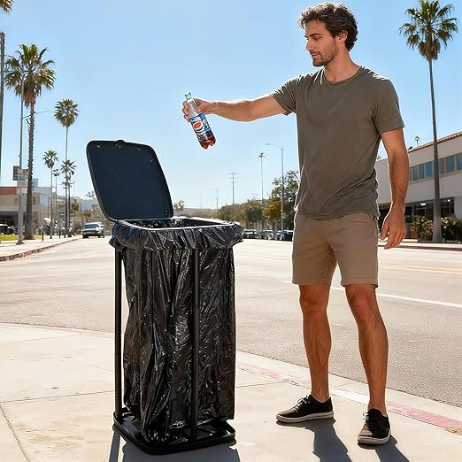 Portable Trash Bag Holder Collapsible Garbage Bin with Lid and Bands, Expandable Indoor Outdoor Trash Can Holder Stand for RV Camping Kitchen, Black