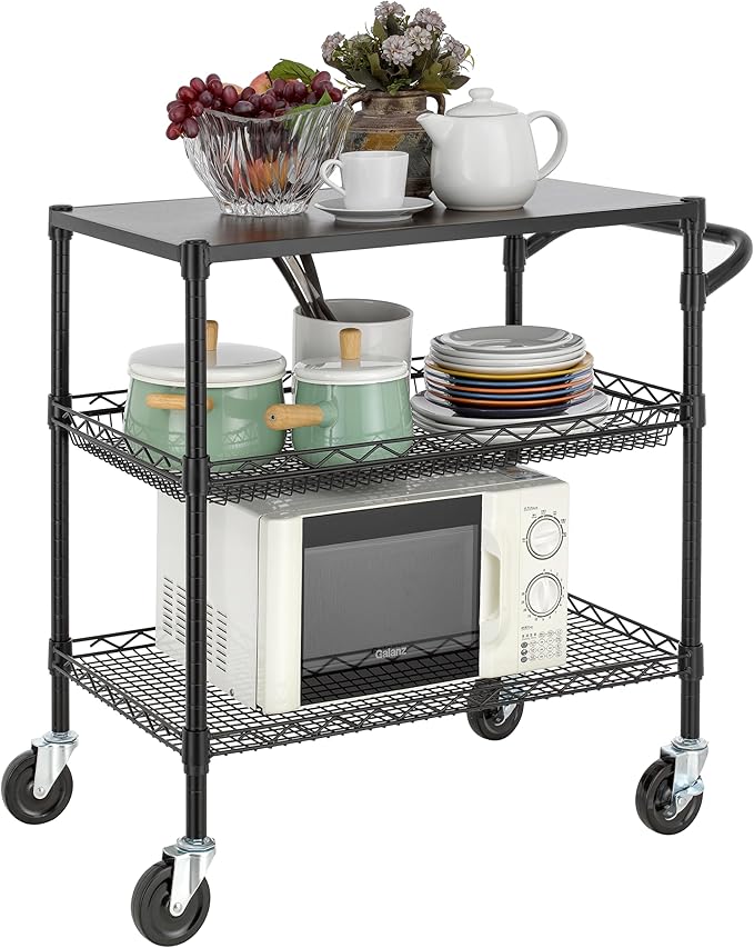 Finnhomy 3 Tier Heavy Duty Commercial Grade Utility Cart with Wood Top, Wire Rolling Cart with Wheels and Handle Bar, Kitchen Carts on Wheels, Metal Cart with 600 LBS Capacity, Black