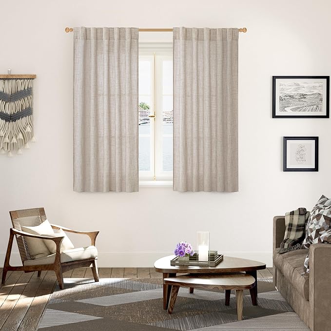 YoungsTex Short Natural Linen Curtains 54 Inch Length for Windows, Semi Sheer Drapes Light Filtering with Rod Pocket Back Tab for Kitchen Bathroom Bedroom, 42 X 54 Inch, 2 Panels