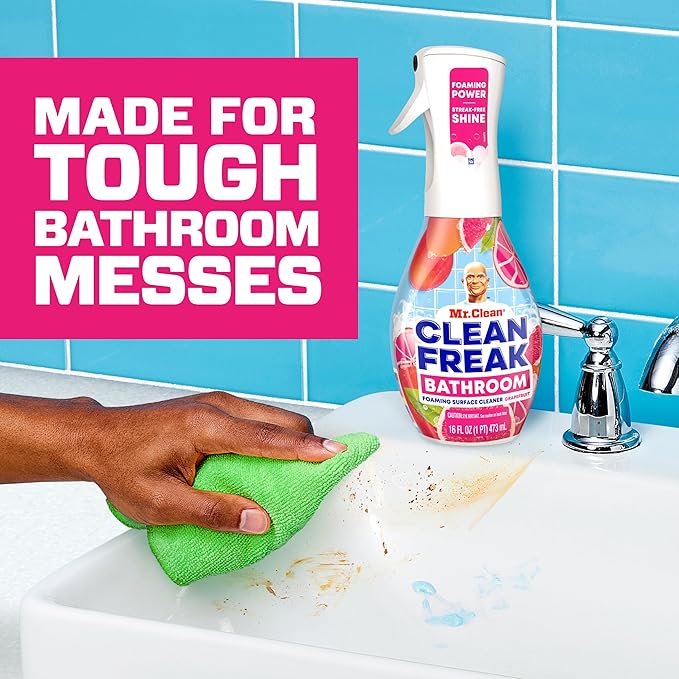 Mr. Clean Clean Freak Foaming Bathroom Surface Cleaner Multi-Surface Spray Starter Kit and Refill Bundle, Grapefruit Scent, 64 fl oz
