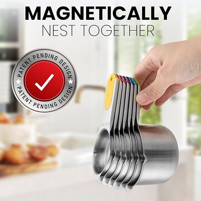Spring Chef Magnetic Stainless Steel Measuring Cups, Patented, Kitchen Tools with Easy to Read Markings for Measuring Dry or Liquid Ingredients, Set of 7, Multicolor