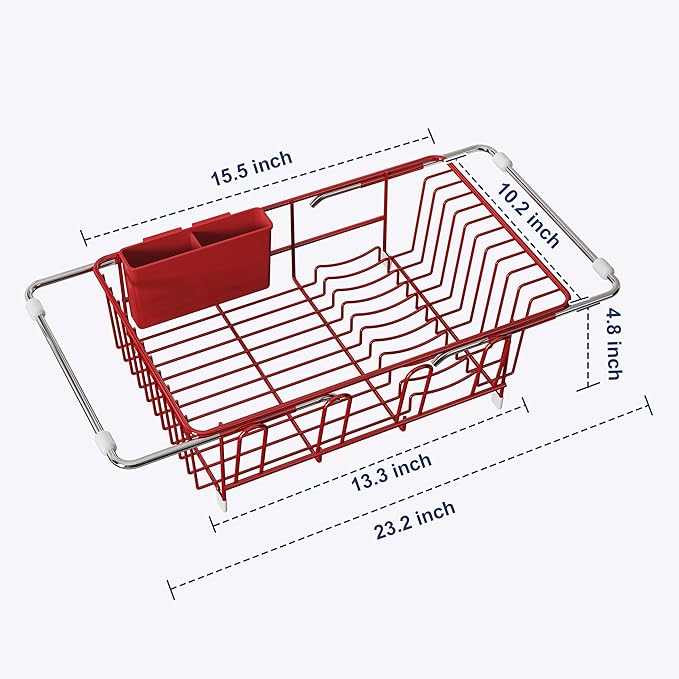JASIWAY Dish Drying Rack in Sink, Red Dish Dryer Racks Over Sink, Dishes Drainers for Kitchen Sink, Stainless Steel Plates Drying Rack with Utensil Holder & Cups Holder