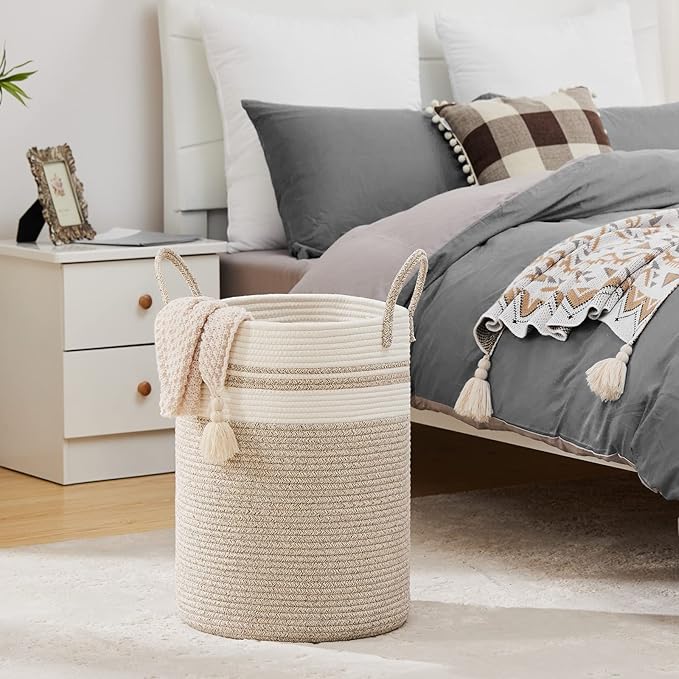 Large Laundry Hamper, Tall Woven Storage Basket for Blankets, Cotton Baby Nursery Hamper, Toys and Dirty Clothes in Bedroom and Living Room Organizing - 58L Brown & White