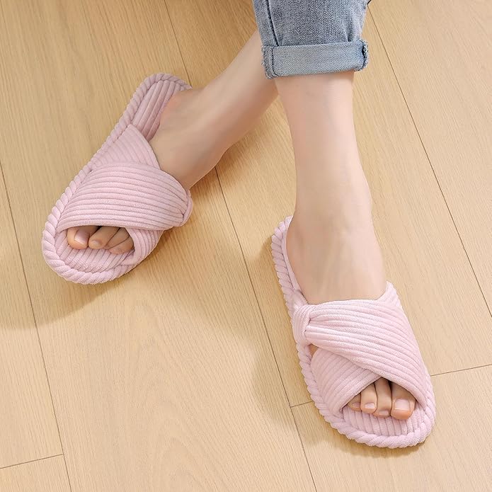 Evshine Summer House Slippers for Women Corduroy Cross Bow Indoor Slippers Open Toe Slip On Bedroom Shoes with Memory Foam
