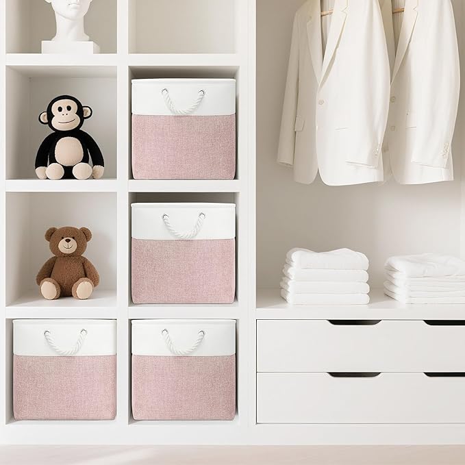 13x13 Inch Cube Storage Bins with Reinforced Bottom Cardboard, 6 Pack Large Collapsible Fabric Storage Cubes with Handles for Shelf, Closet, Toy, Laundry Organization (White&Pink)