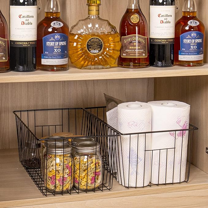 16inch Freezer Wire Storage Organizer Baskets, Household Refrigerator Bin with Built-in Handles for Cabinet, Pantry, Closet, Bedroom Black,4pack