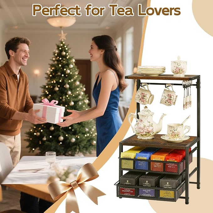 Pinzoveco Tea Bag Organizer, Large Tea Organizers and Storage Box,2 Drawers Tea Bags Holder Wood Tea Box Containers Tea Station Chest Display for Kitchen Organizers and Storage, Black